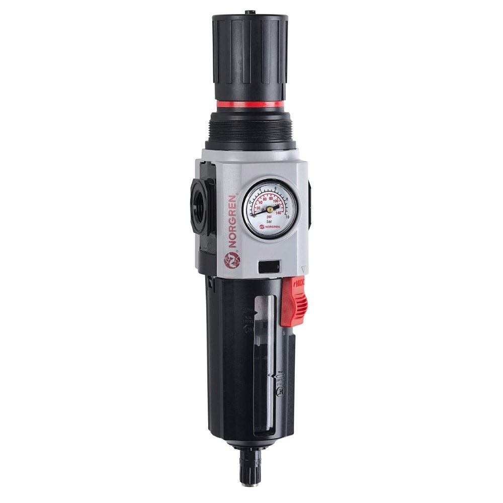 Filtro/Regulador, G1/2, vaso de policarbonato con guarda, dren automático, 40µ (micrones), rango de ajuste 4 a 145 psi, con manómetro, con alivio, Pmax 145 psi, IMI Norgren.